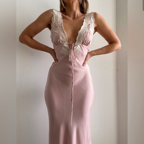 Rumored Pink Venice Lace Trim Pink Satin Maxi Slip Dress Small NWT